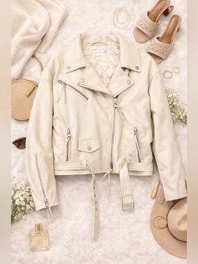 Good American Cream Faux Leather Moto Jacket NWT | Belted | Cropped | XXS/XS